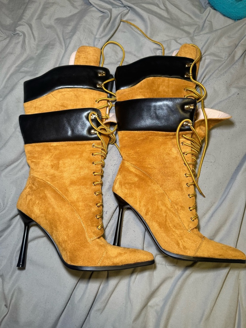 Suede Lace-Up Stiletto Boots in Mustard and Black